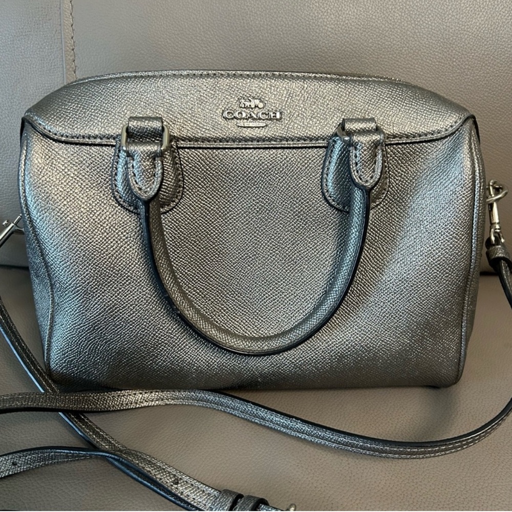 NWT Coach Metallic Silver Satchel with Structured Design and Adjustable Strap